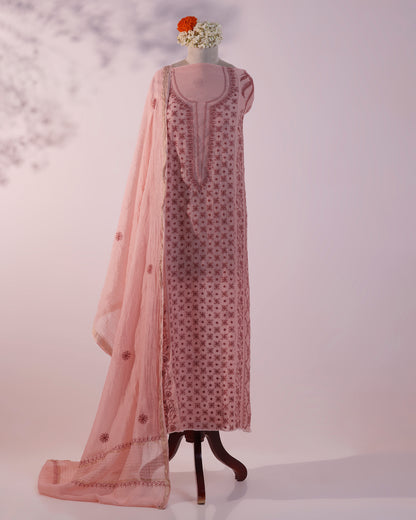 Camellia Pink and Rosewood Lucknowi Chikankari Handwork 2-Piece Mul Chanderi Salwar Suit