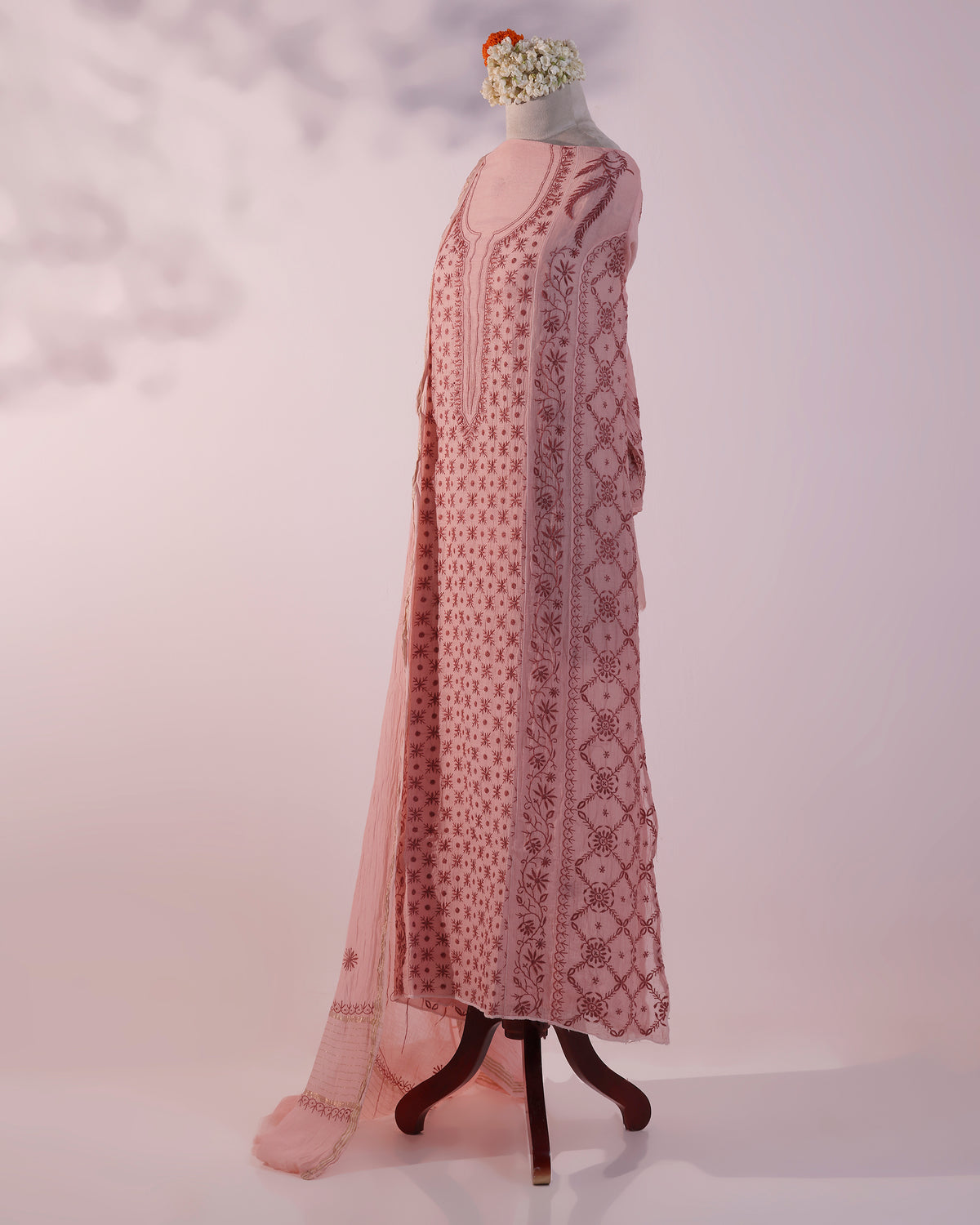 Camellia Pink and Rosewood Lucknowi Chikankari Handwork 2-Piece Mul Chanderi Salwar Suit