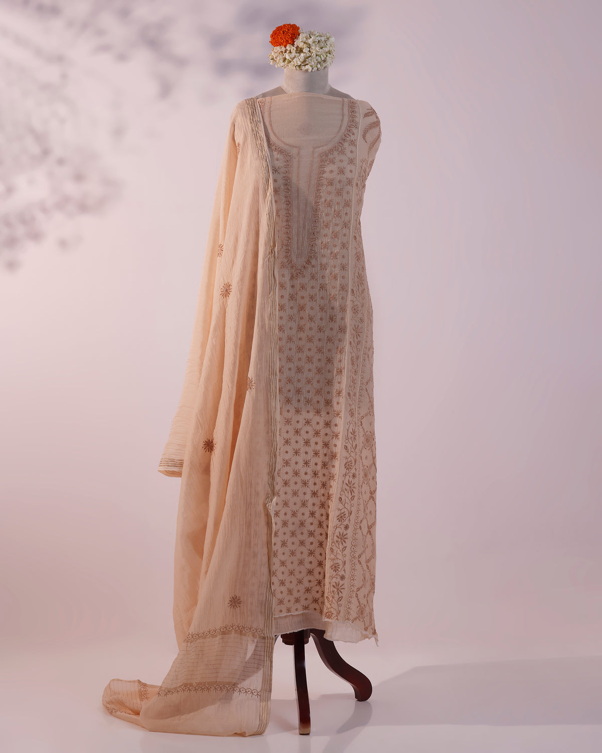 White with Rose Pink  and Caramel Brown Lucknowi Chikankari Handwork 2-Piece Mul Chanderi Salwar Suit