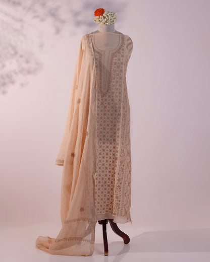 White with Rose Pink  and Caramel Brown Lucknowi Chikankari Handwork 2-Piece Mul Chanderi Salwar Suit