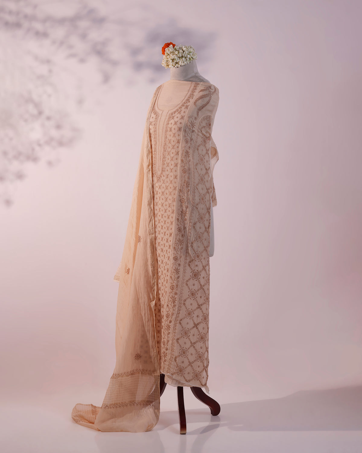 White with Rose Pink  and Caramel Brown Lucknowi Chikankari Handwork 2-Piece Mul Chanderi Salwar Suit