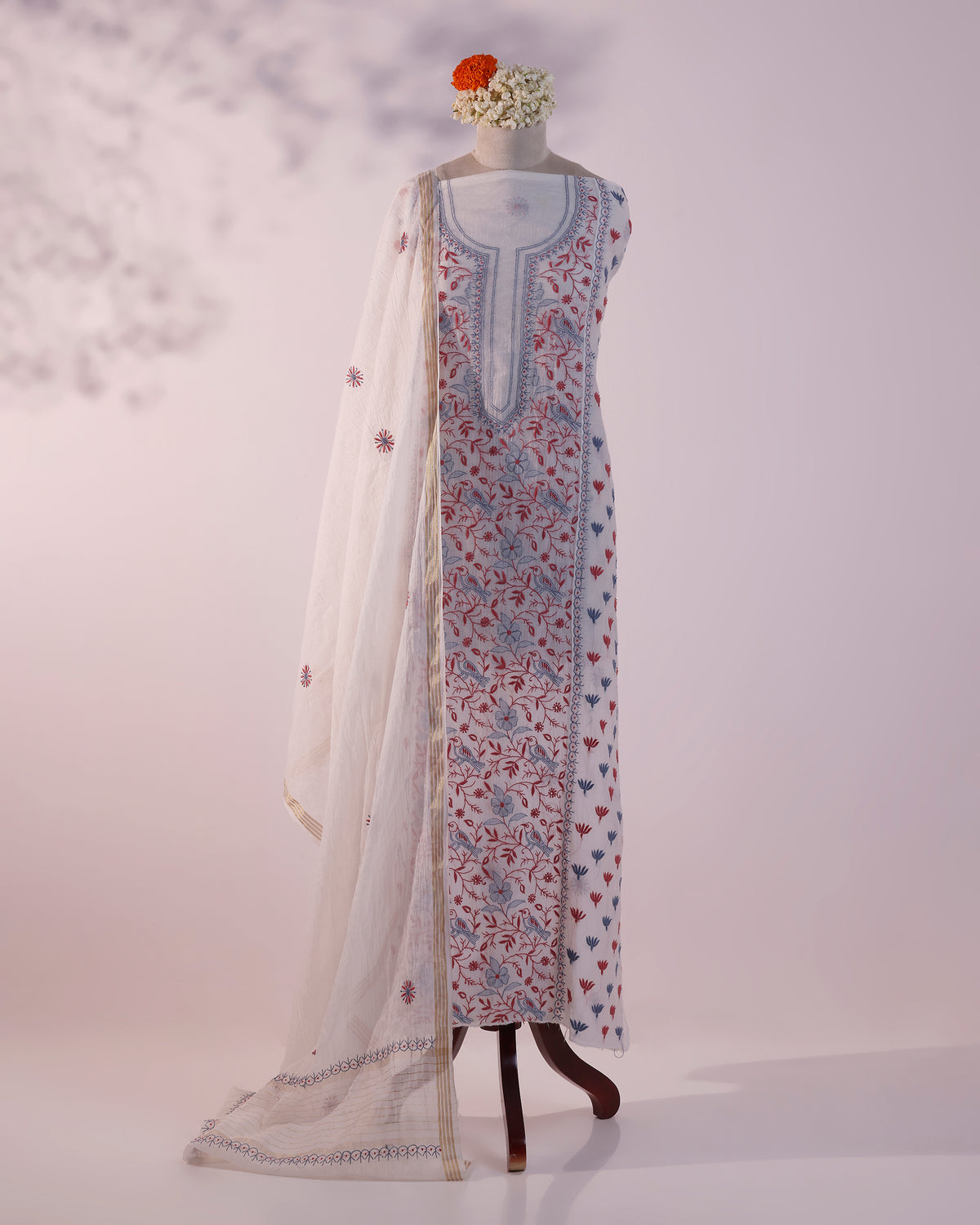 White with Coral Red and Dusty Blue Lucknowi Chikankari Handwork 2-Piece Mul Chanderi Salwar Suit