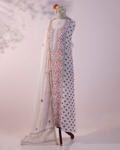 White with Coral Red and Dusty Blue Lucknowi Chikankari Handwork 2-Piece Mul Chanderi Salwar Suit