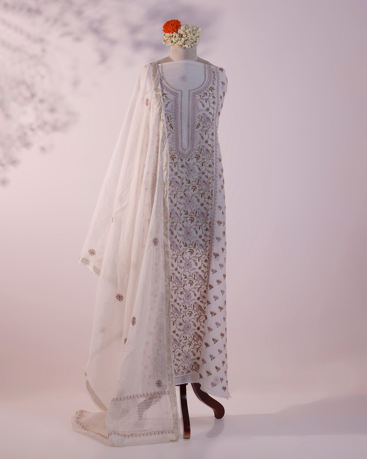 White with Rose Pink  and Caramel Brown Lucknowi Chikankari Handwork 2-Piece Mul Chanderi Salwar Suit