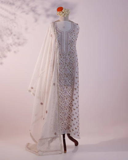 White with Rose Pink  and Caramel Brown Lucknowi Chikankari Handwork 2-Piece Mul Chanderi Salwar Suit