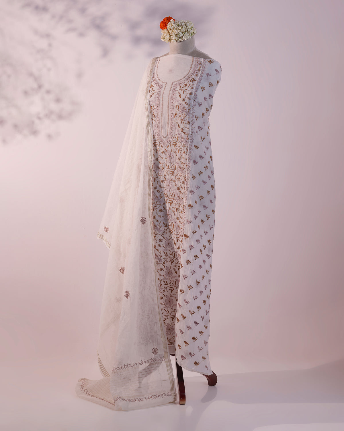 White with Rose Pink  and Caramel Brown Lucknowi Chikankari Handwork 2-Piece Mul Chanderi Salwar Suit