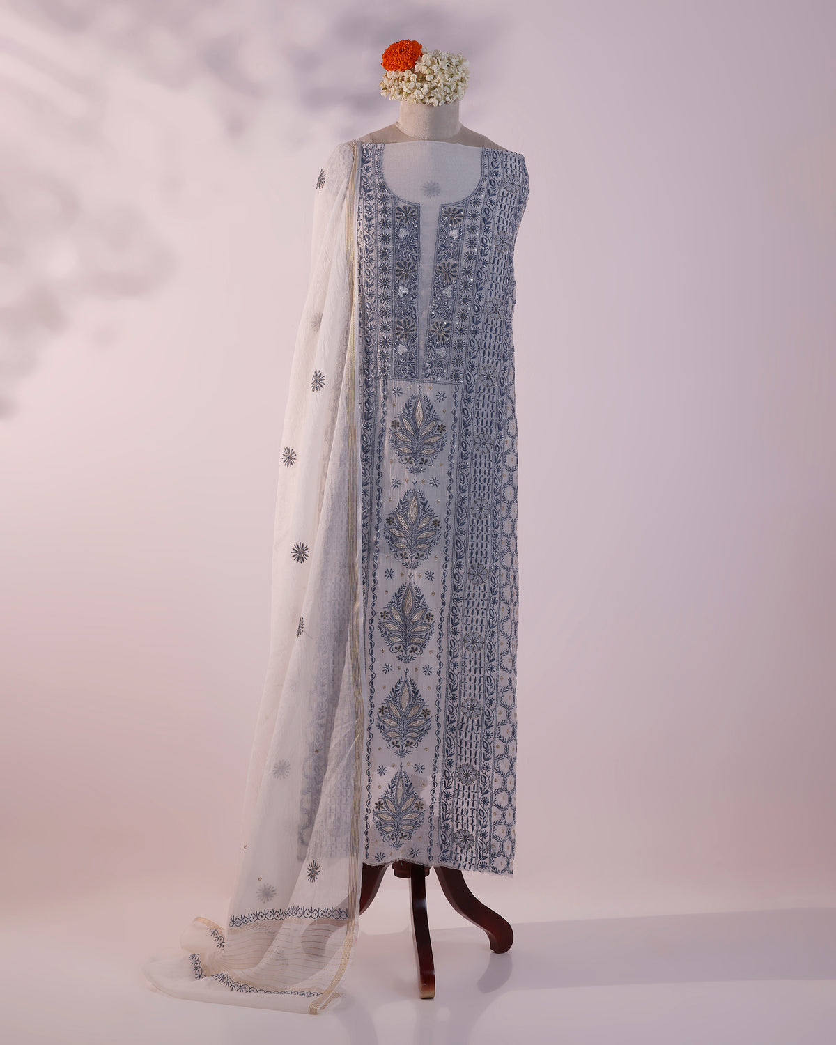 Ivory Blue Silky Mul Chanderi Chikankari Kurta Dupatta Edit with Zardozi & Kardana Detailing