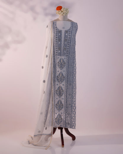 Ivory Blue Silky Mul Chanderi Chikankari Kurta Dupatta Edit with Zardozi & Kardana Detailing