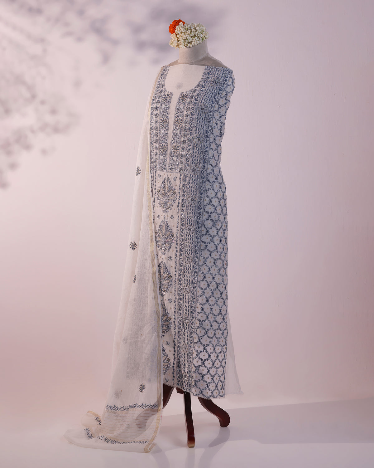 Ivory Blue Silky Mul Chanderi Chikankari Kurta Dupatta Edit with Zardozi & Kardana Detailing