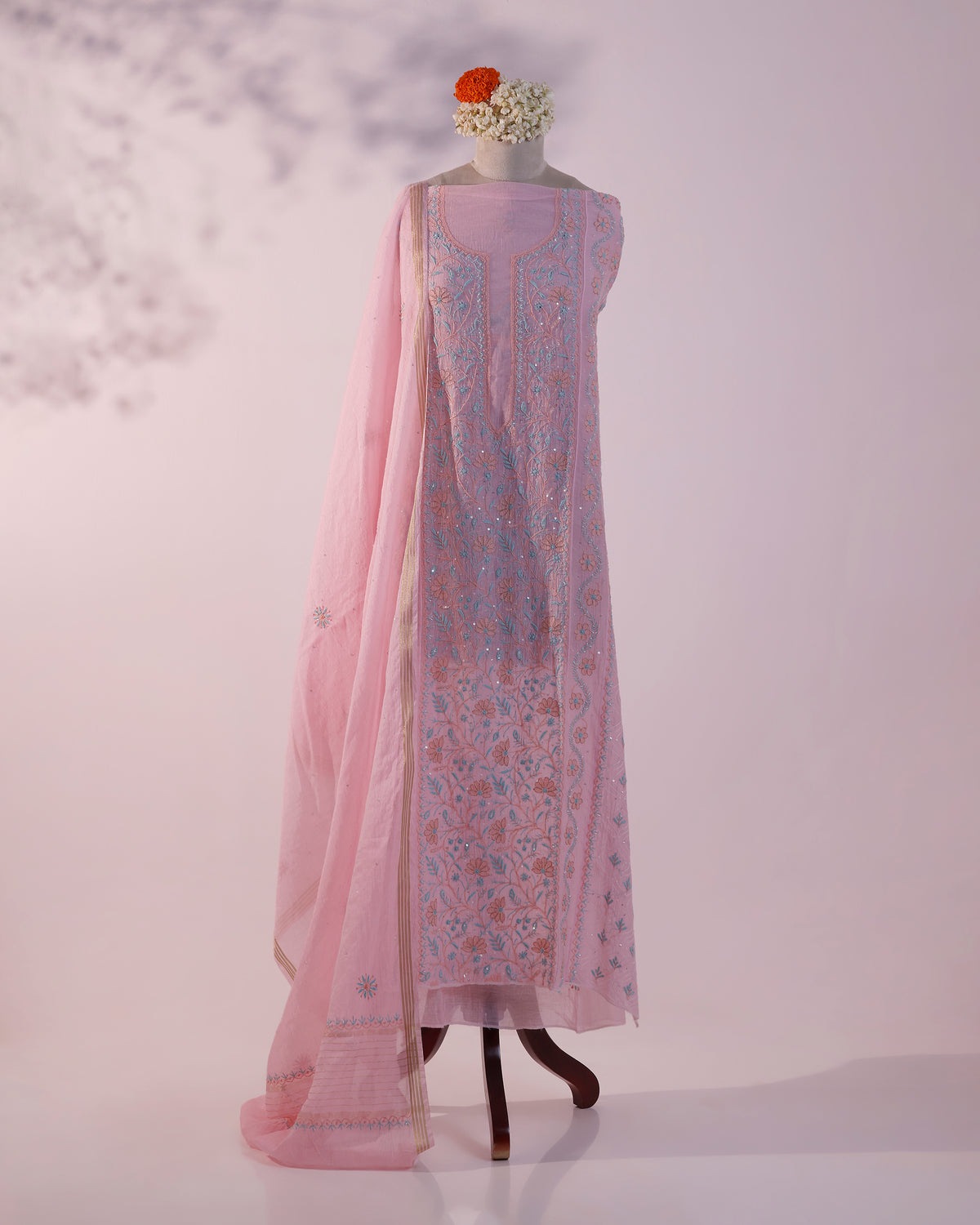 Gulabi Pink Mul Chanderi Chikankari Kurta Dupatta with Aqua Blue Zardozi & Kardana Detailing