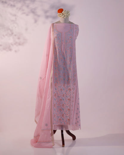 Gulabi Pink Mul Chanderi Chikankari Kurta Dupatta with Aqua Blue Zardozi & Kardana Detailing