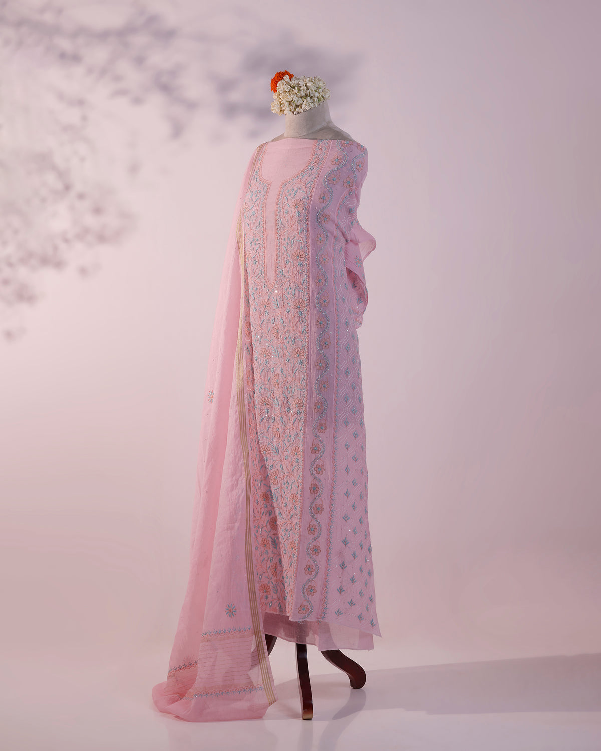 Gulabi Pink Mul Chanderi Chikankari Kurta Dupatta with Aqua Blue Zardozi & Kardana Detailing
