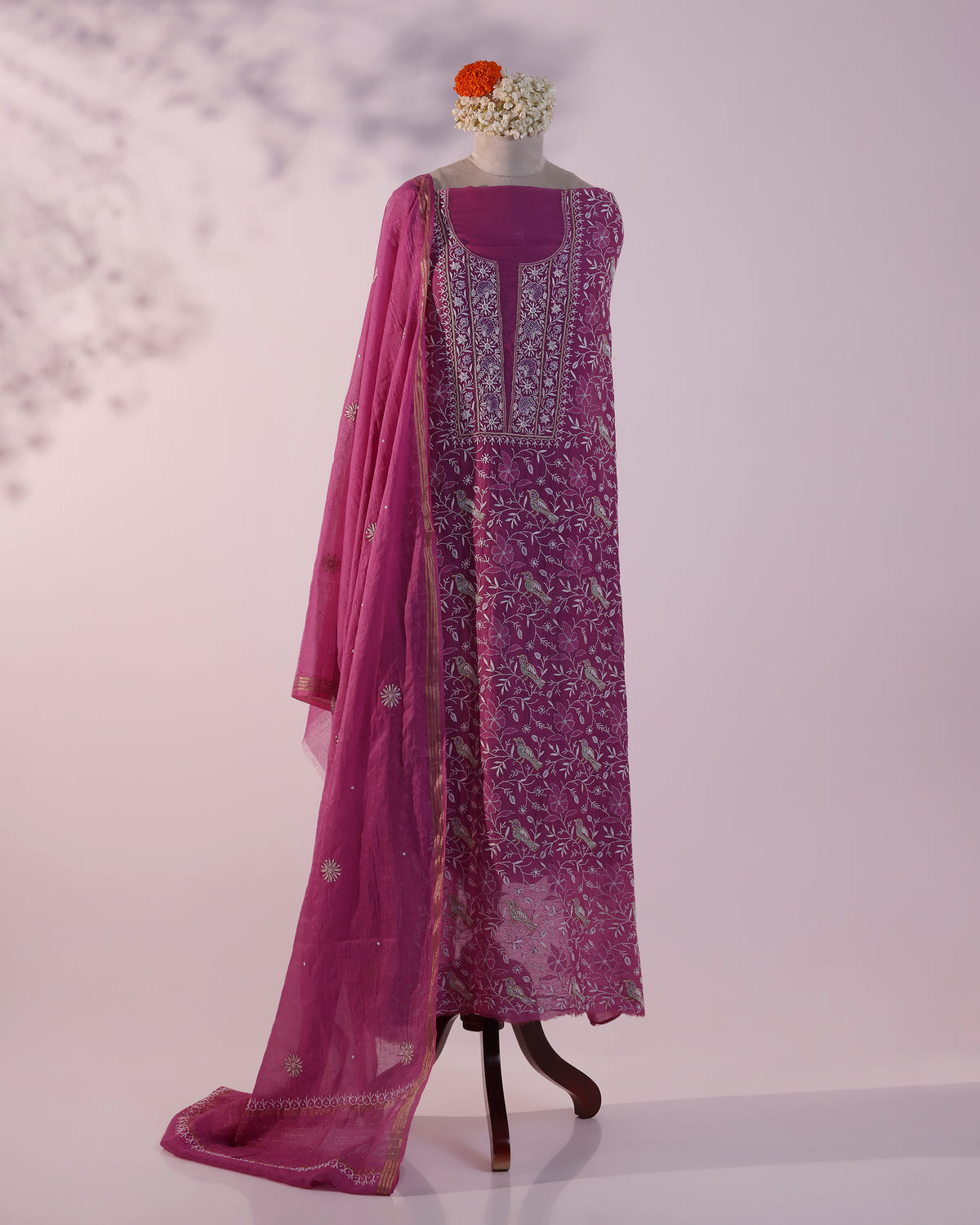 Orchid Pink Silky Mul Chanderi Chikankari Kurta Dupatta Edit with Ivory Zardozi & Kardana Detailing