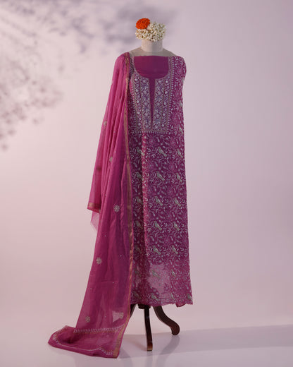 Orchid Pink Silky Mul Chanderi Chikankari Kurta Dupatta Edit with Ivory Zardozi & Kardana Detailing