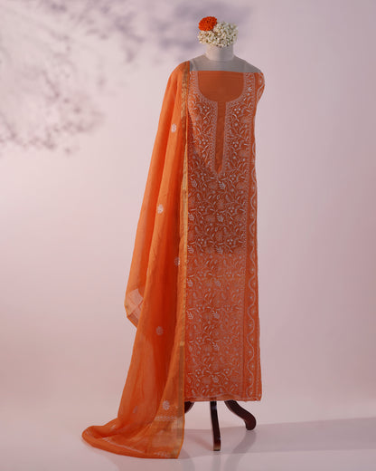 Fresh Malta Orange Lucknowi Chikankari Handwork 2-Piece Mul Chanderi Salwar Suit
