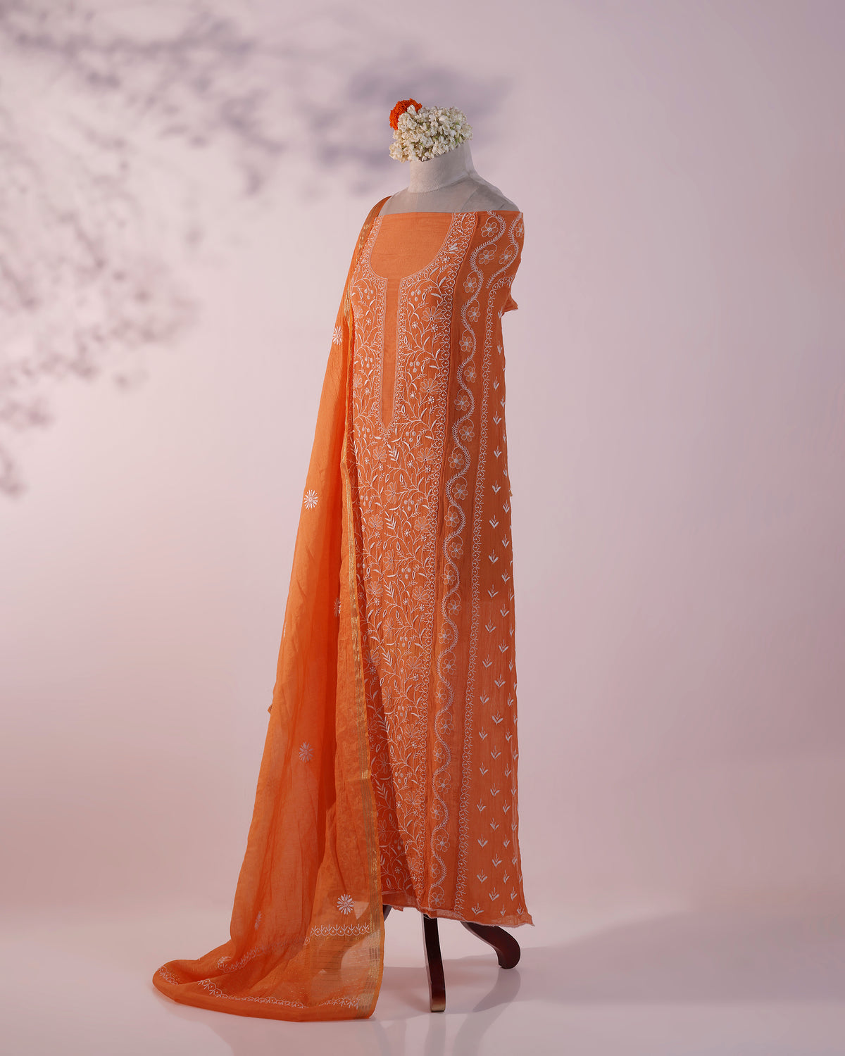 Fresh Malta Orange Lucknowi Chikankari Handwork 2-Piece Mul Chanderi Salwar Suit
