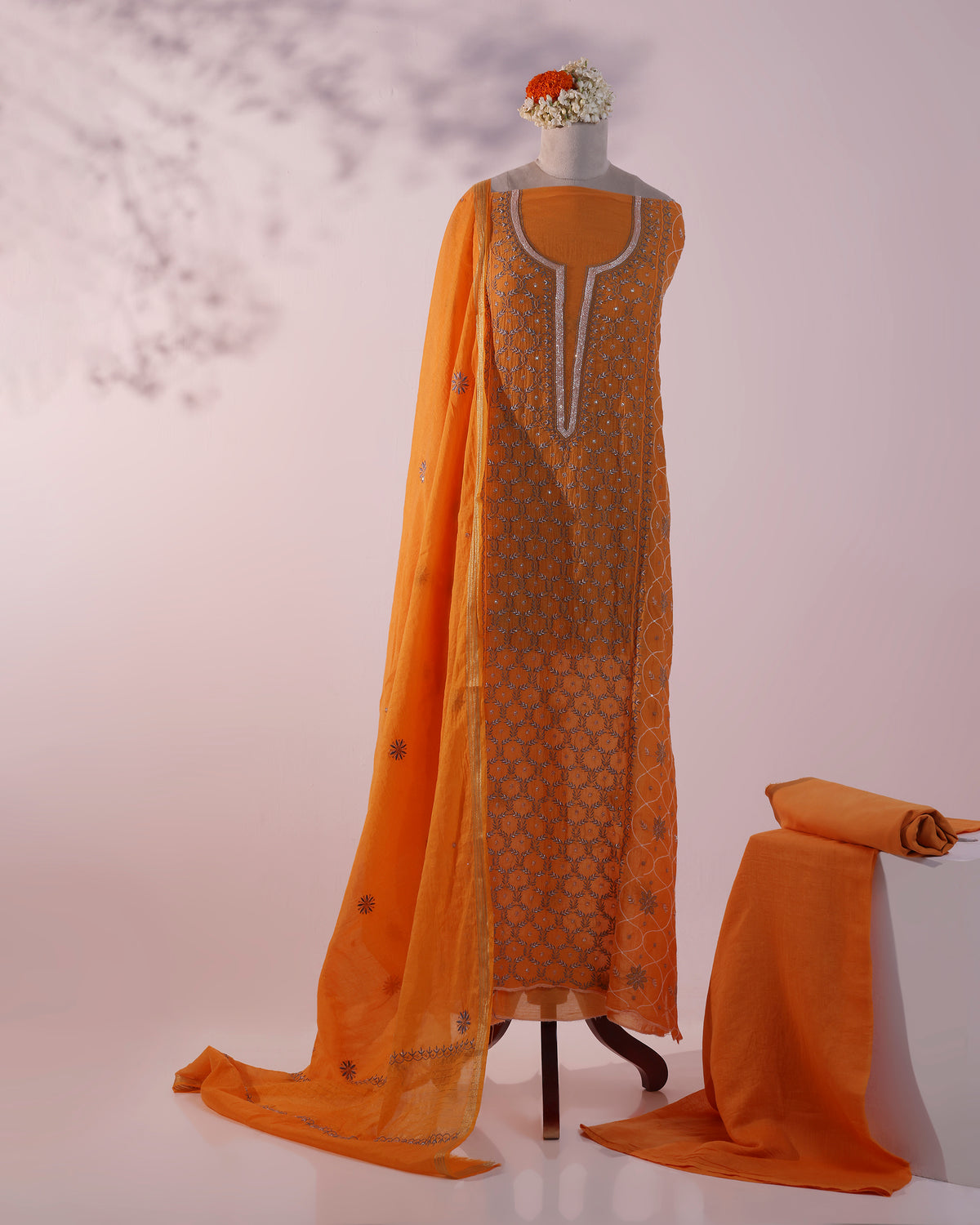 Marigold Orange Silky Mul Chanderi Chikankari 3- piece Kurta Dupatta with Blue Zardozi & Kardana Detailing