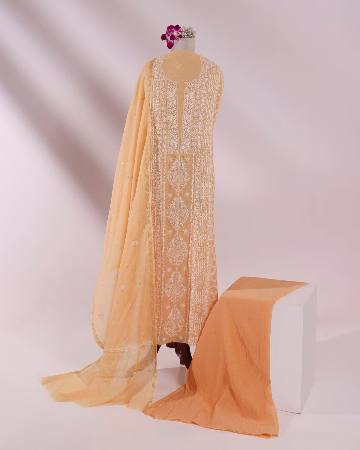 Peach Apricot Chikankari 3-piece Kurta Dupatta with Zardozi & Kardana Detailing