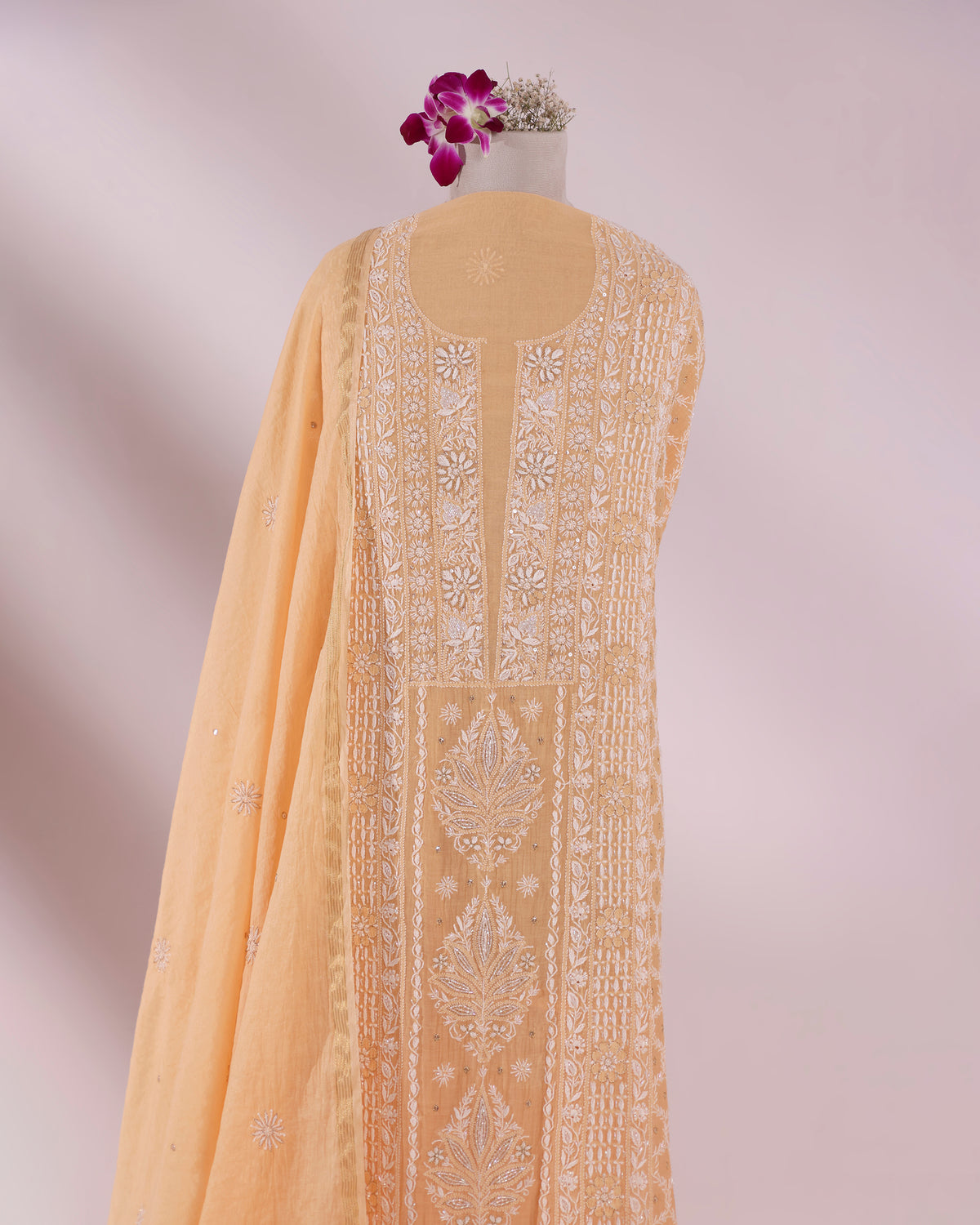 Peach Apricot Chikankari 3-piece Kurta Dupatta with Zardozi & Kardana Detailing