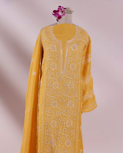 Golden Mustard Chikankari 3-piece Kurta Dupatta with Zardozi & Kardana Detailing