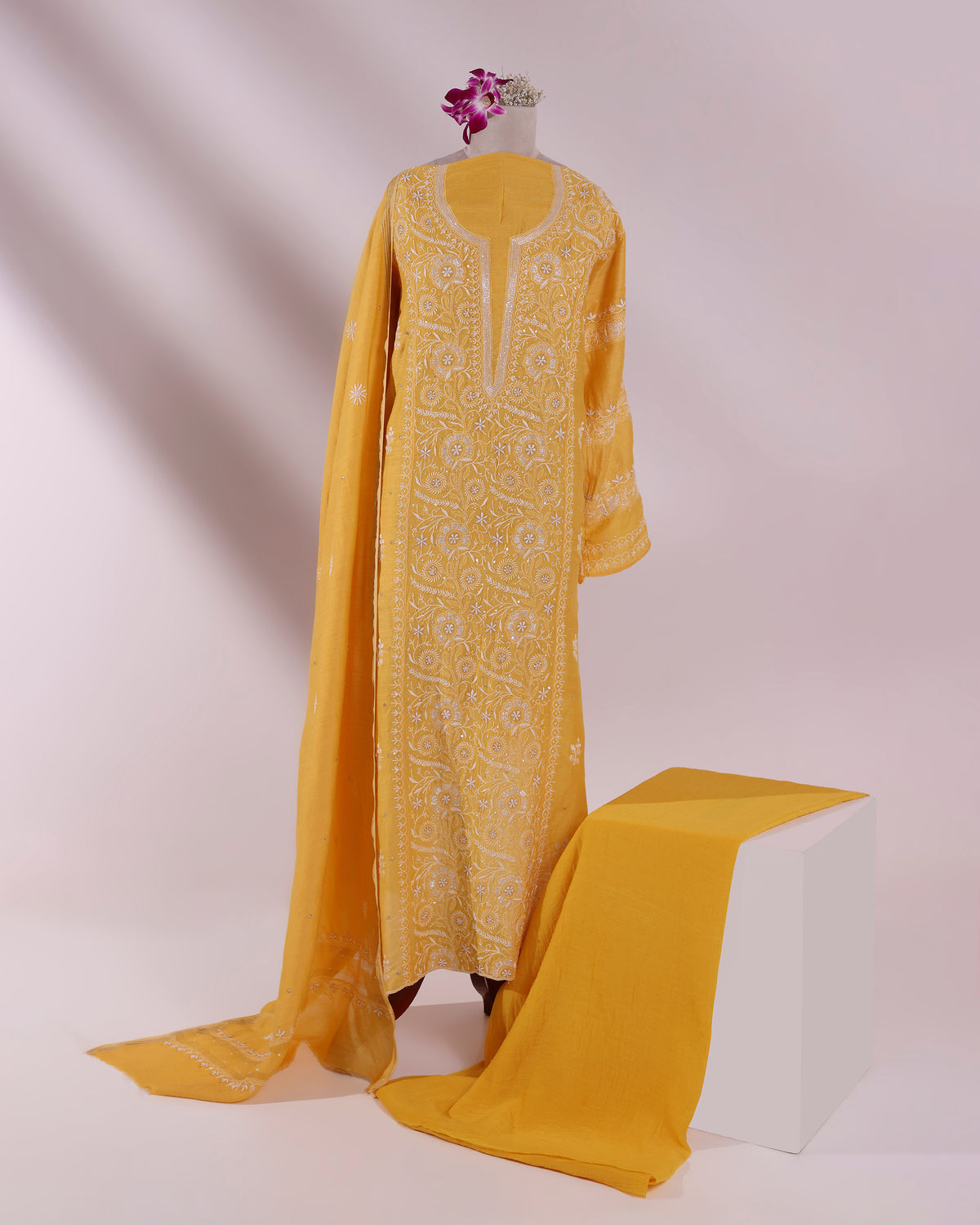Golden Mustard Chikankari 3-piece Kurta Dupatta with Zardozi & Kardana Detailing