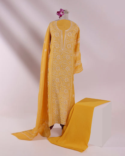 Golden Mustard Chikankari 3-piece Kurta Dupatta with Zardozi & Kardana Detailing