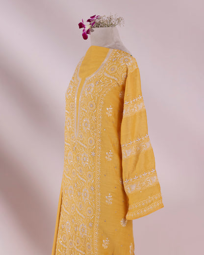 Golden Mustard Chikankari 3-piece Kurta Dupatta with Zardozi & Kardana Detailing