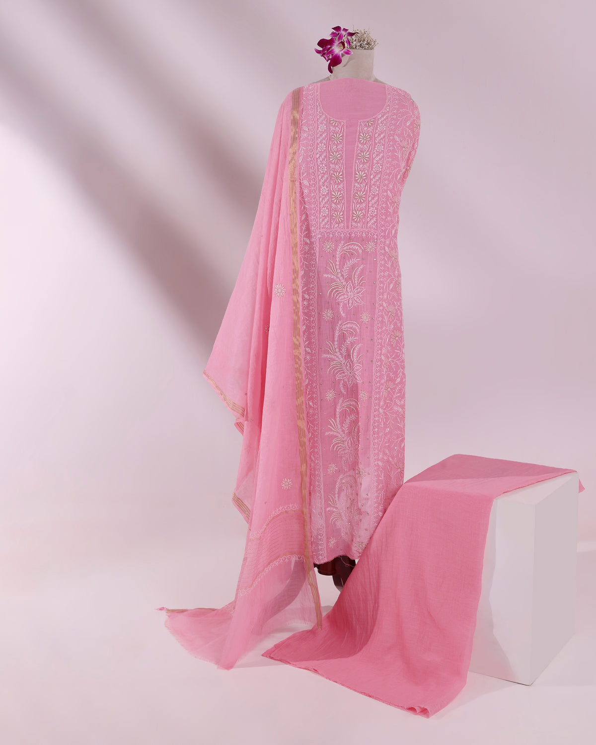 Rose Pink Silky Mul Chanderi Chikankari 3-Piece Kurta Dupatta Edit with Zardozi & Kardana detailing