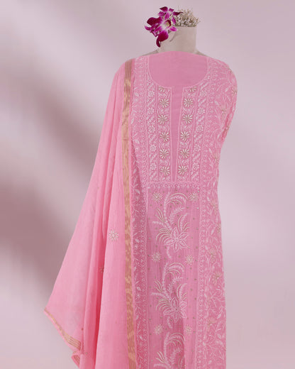 Rose Pink Silky Mul Chanderi Chikankari 3-Piece Kurta Dupatta Edit with Zardozi & Kardana detailing