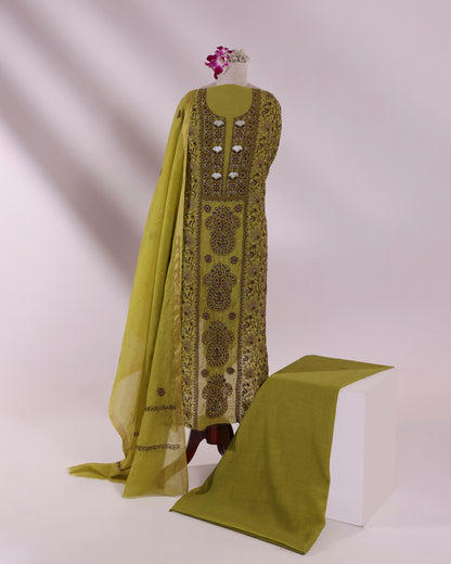 Lime Olive Chikankari 3-piece Kurta Dupatta with Zardozi & Kardana Detailing in Burgundy Embroidery
