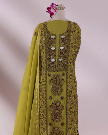 Lime Olive Chikankari 3-piece Kurta Dupatta with Zardozi & Kardana Detailing in Burgundy Embroidery