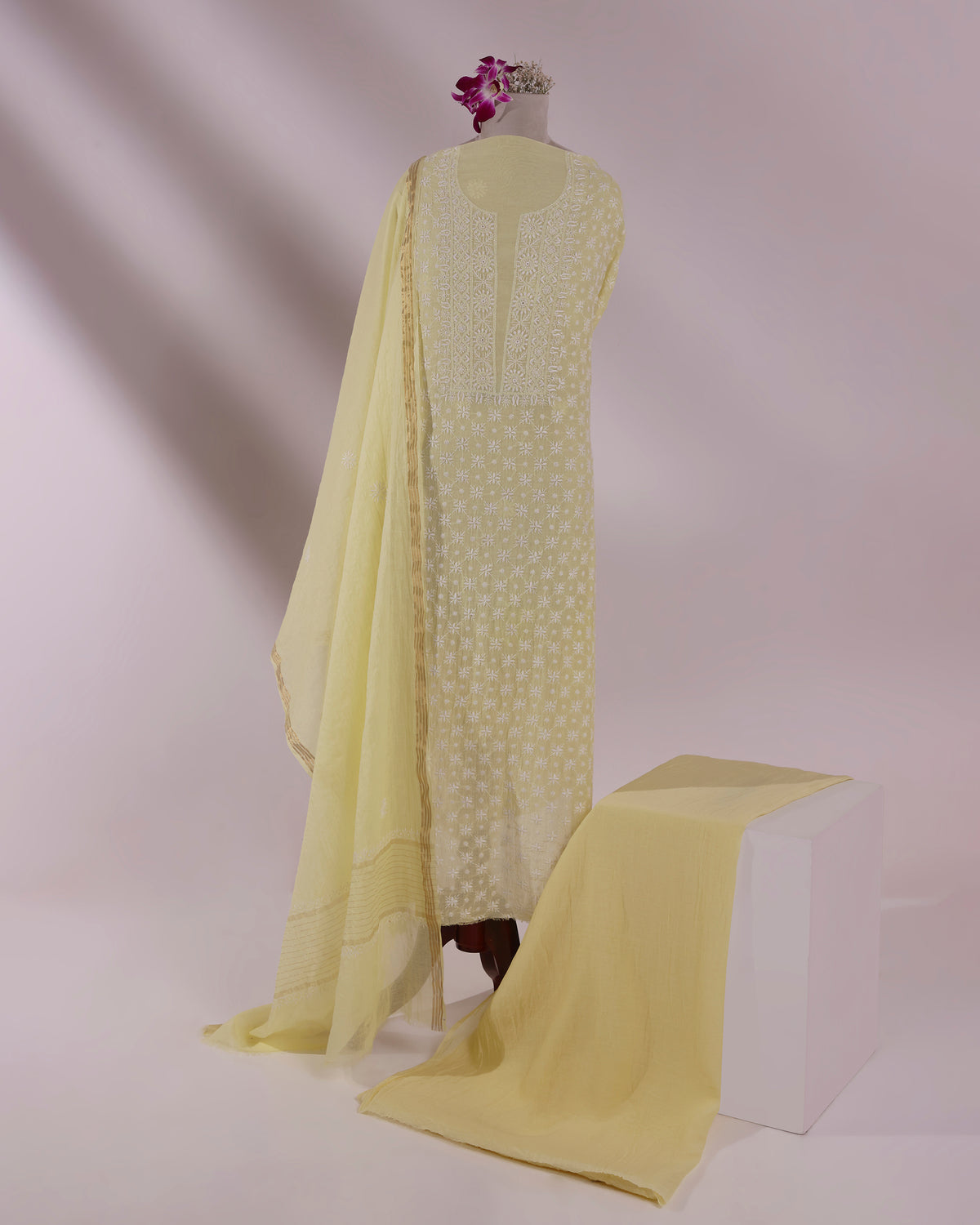 Makhan Yellow Silky Mul Chanderi Chikankari 3 -Piece Kurta Dupatta Ensemble