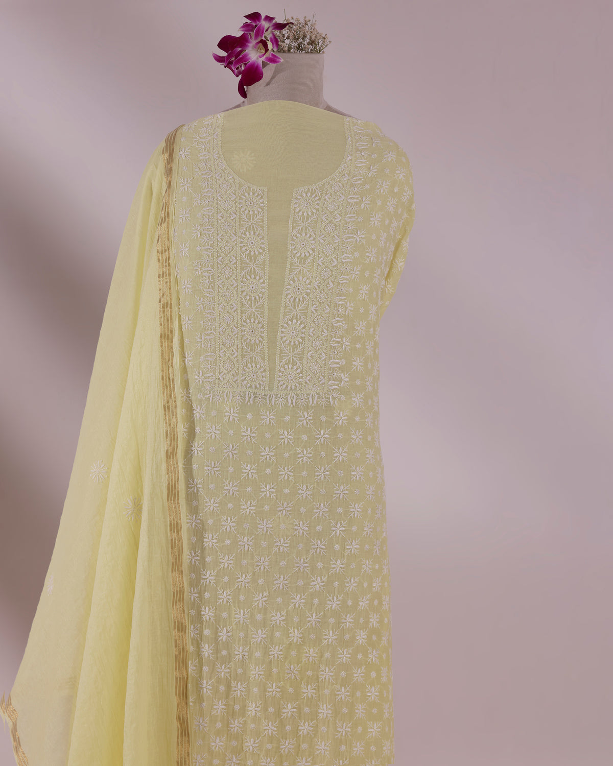 Makhan Yellow Silky Mul Chanderi Chikankari 3 -Piece Kurta Dupatta Ensemble