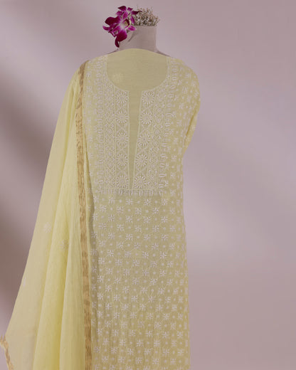 Makhan Yellow Silky Mul Chanderi Chikankari 3 -Piece Kurta Dupatta Ensemble