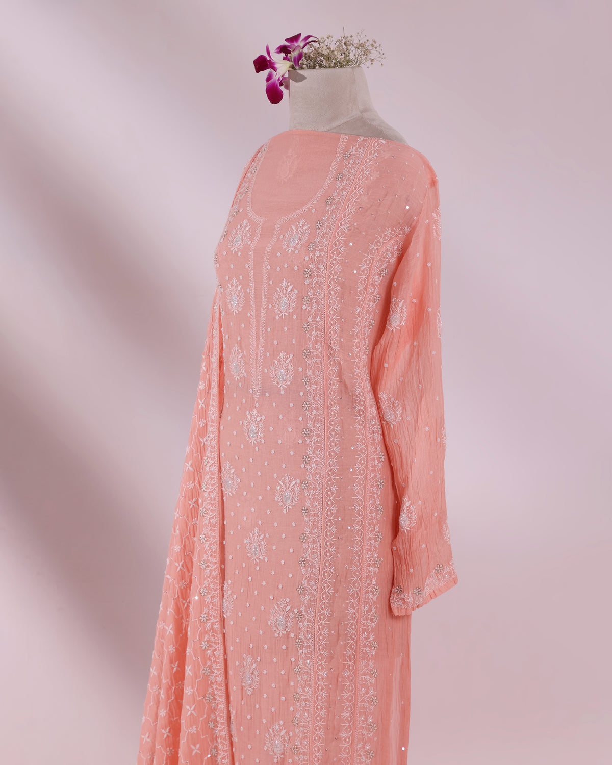 Blush Coral Chikankari 3- piece Kurta Dupatta Set with Zardozi & Kardana Detailing
