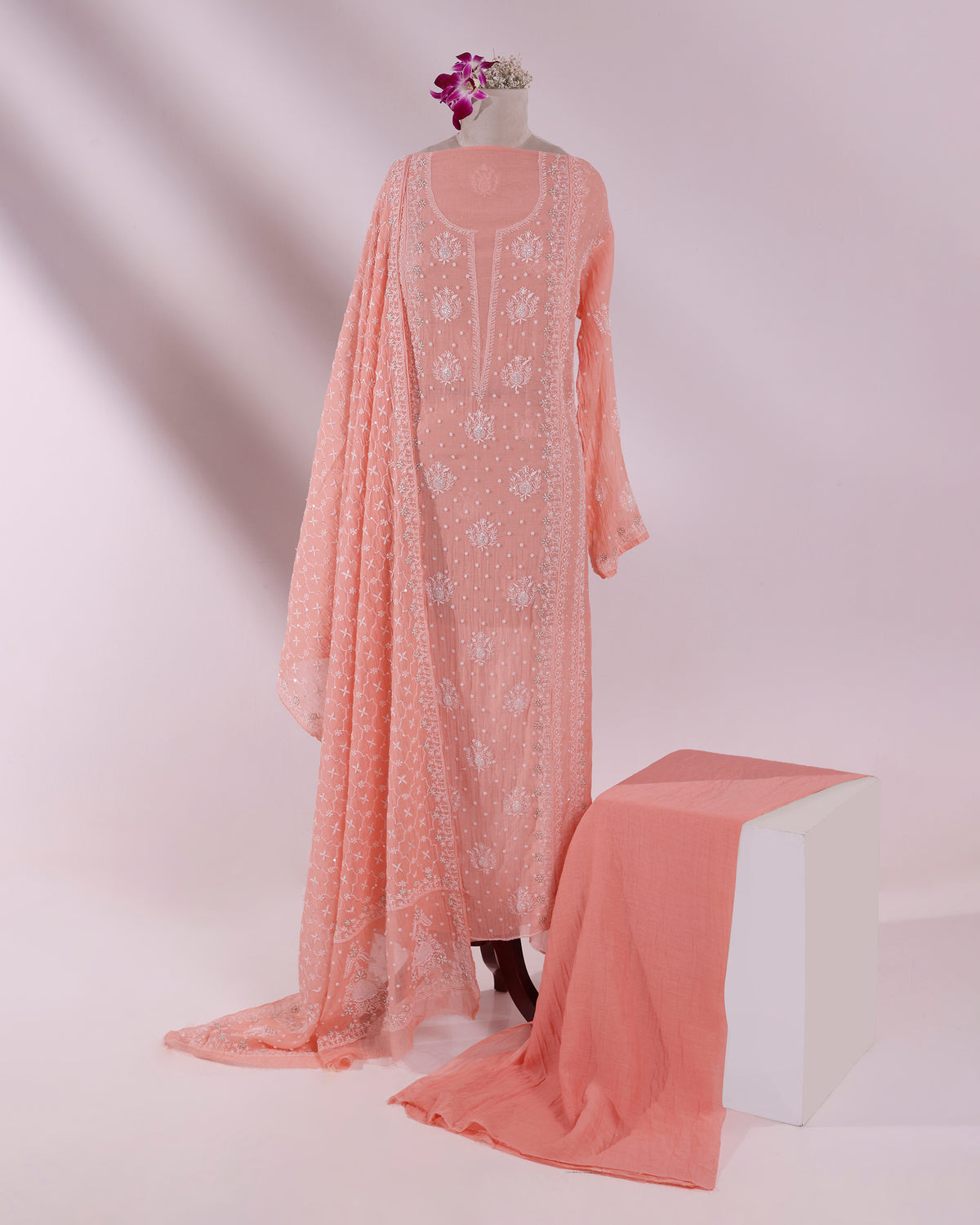 Blush Coral Chikankari 3- piece Kurta Dupatta Set with Zardozi & Kardana Detailing