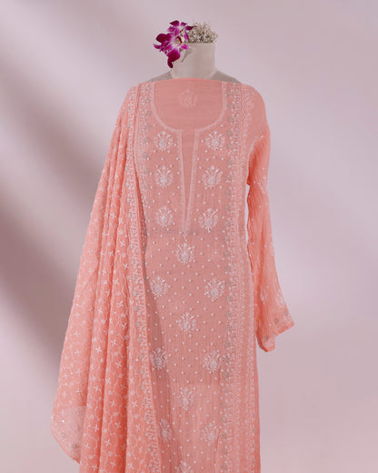 Blush Coral Chikankari 3- piece Kurta Dupatta Set with Zardozi & Kardana Detailing