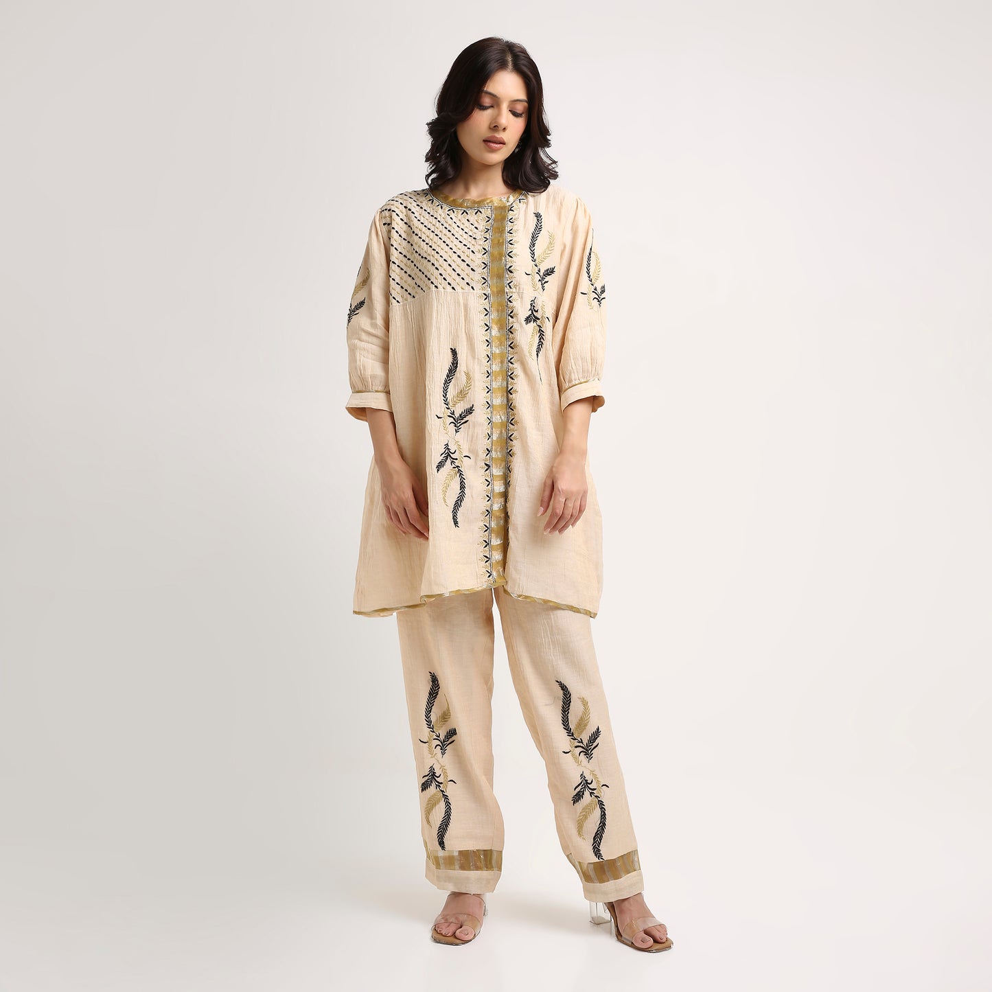 Chikankari Co ord in Champagne Pure Tissue with Moss Green n Black embroidery