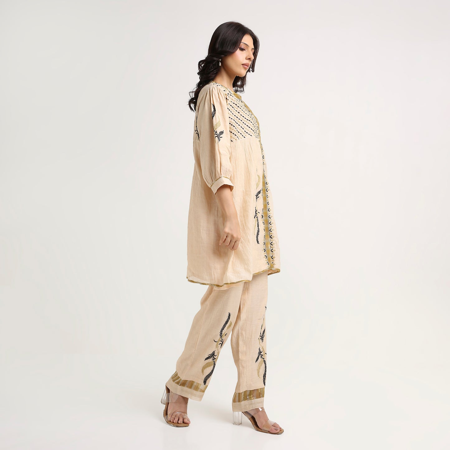 Chikankari Co ord in Champagne Pure Tissue with Moss Green n Black embroidery