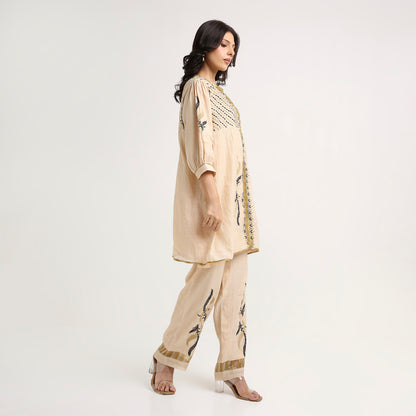 Chikankari Co ord in Champagne Pure Tissue with Moss Green n Black embroidery