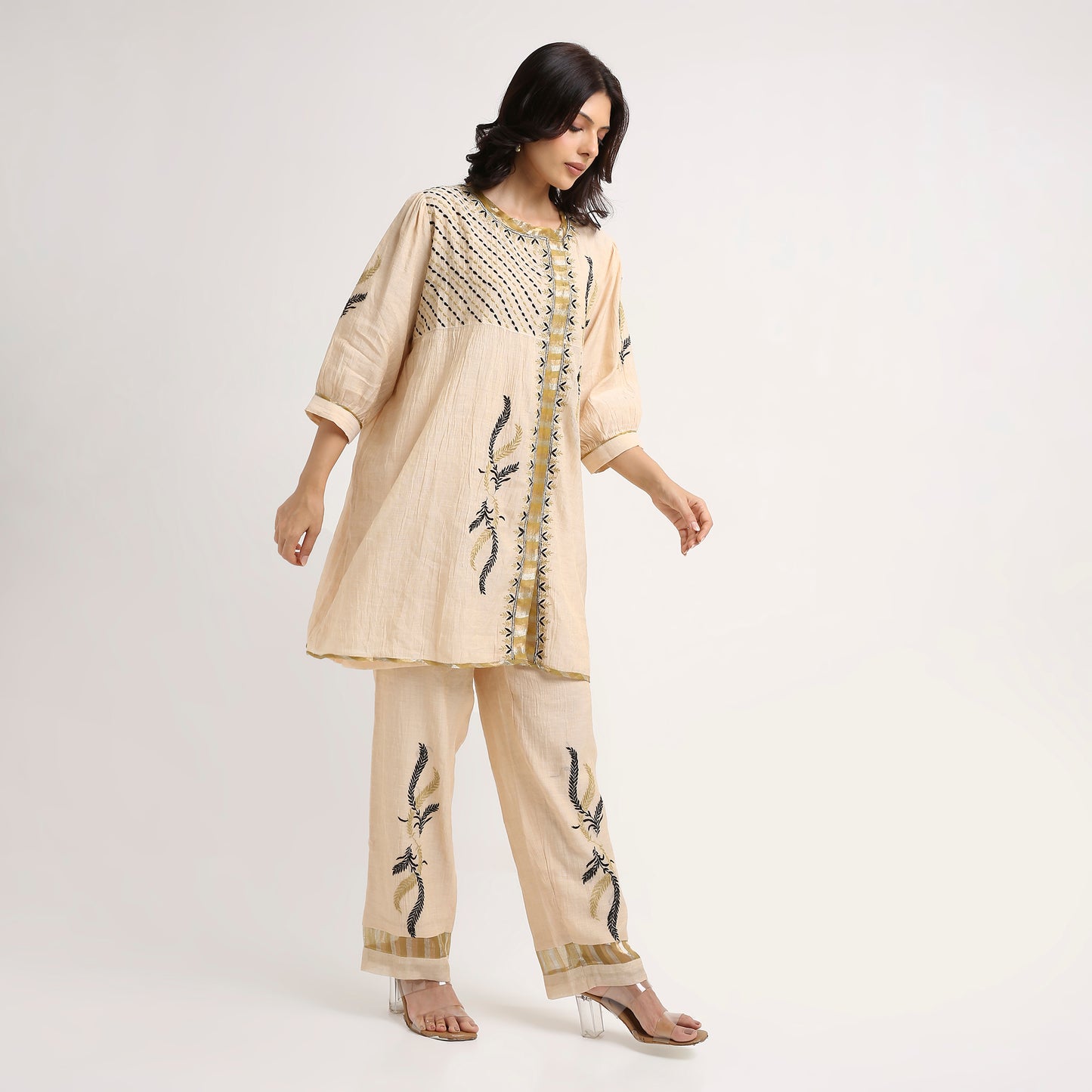 Chikankari Co ord in Champagne Pure Tissue with Moss Green n Black embroidery