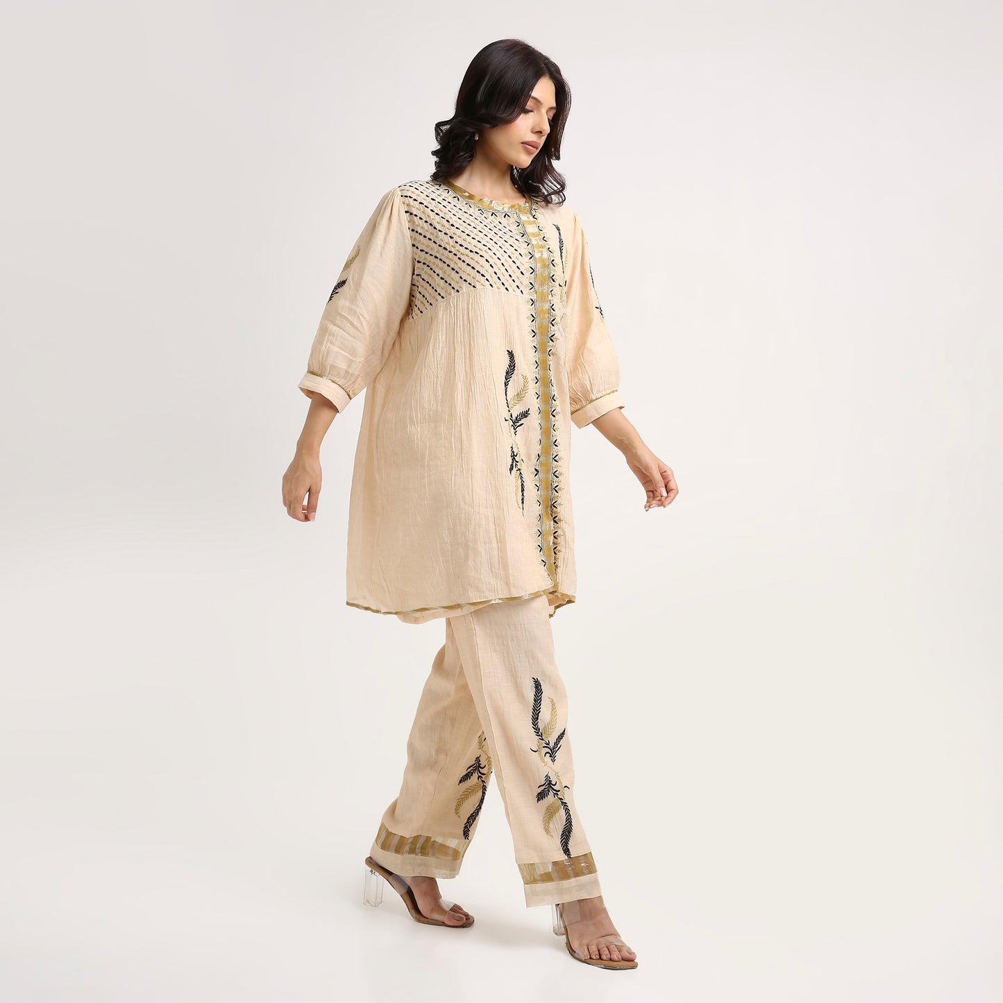 Chikankari Co ord in Champagne Pure Tissue with Moss Green n Black embroidery