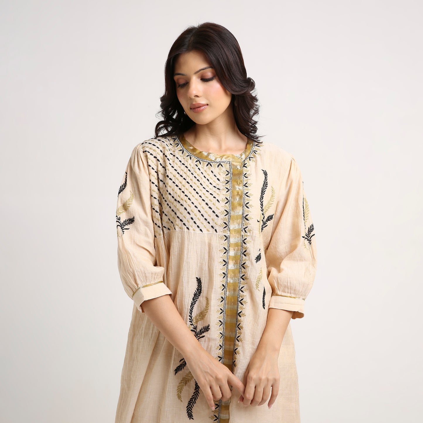 Chikankari Co ord in Champagne Pure Tissue with Moss Green n Black embroidery