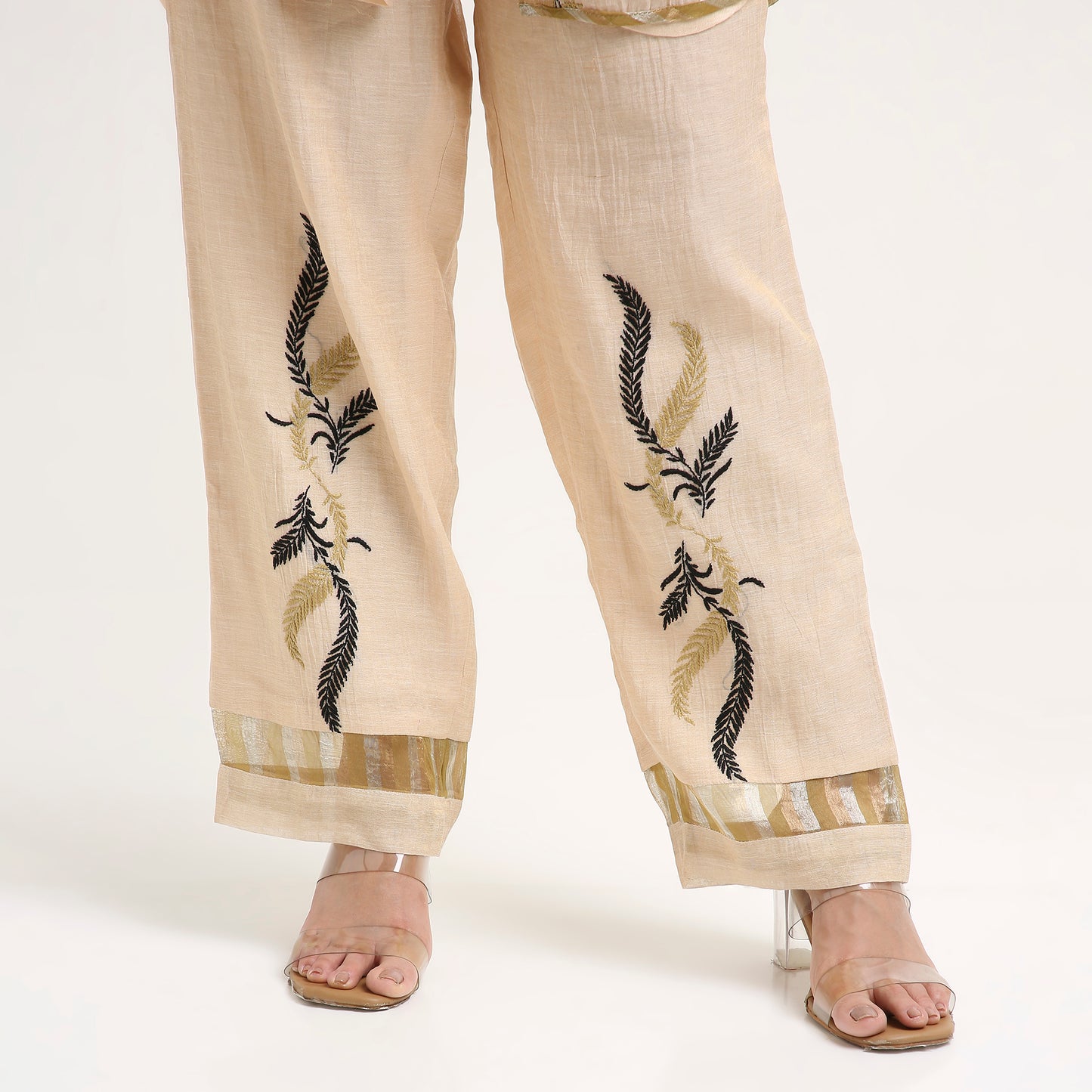 Chikankari Co ord in Champagne Pure Tissue with Moss Green n Black embroidery