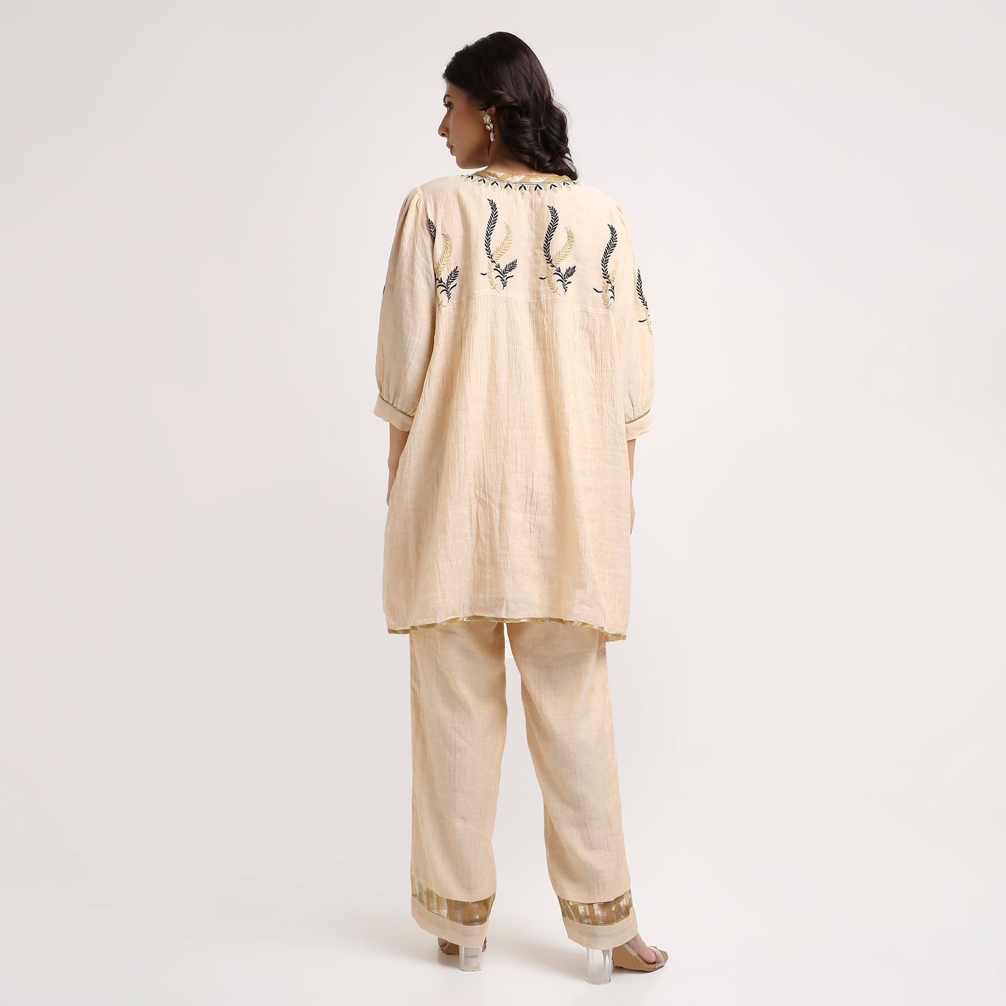 Chikankari Co ord in Champagne Pure Tissue with Moss Green n Black embroidery