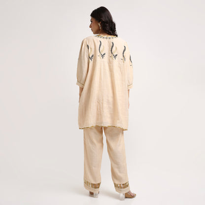Chikankari Co ord in Champagne Pure Tissue with Moss Green n Black embroidery