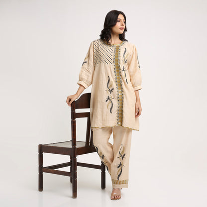 Chikankari Co ord in Champagne Pure Tissue with Moss Green n Black embroidery