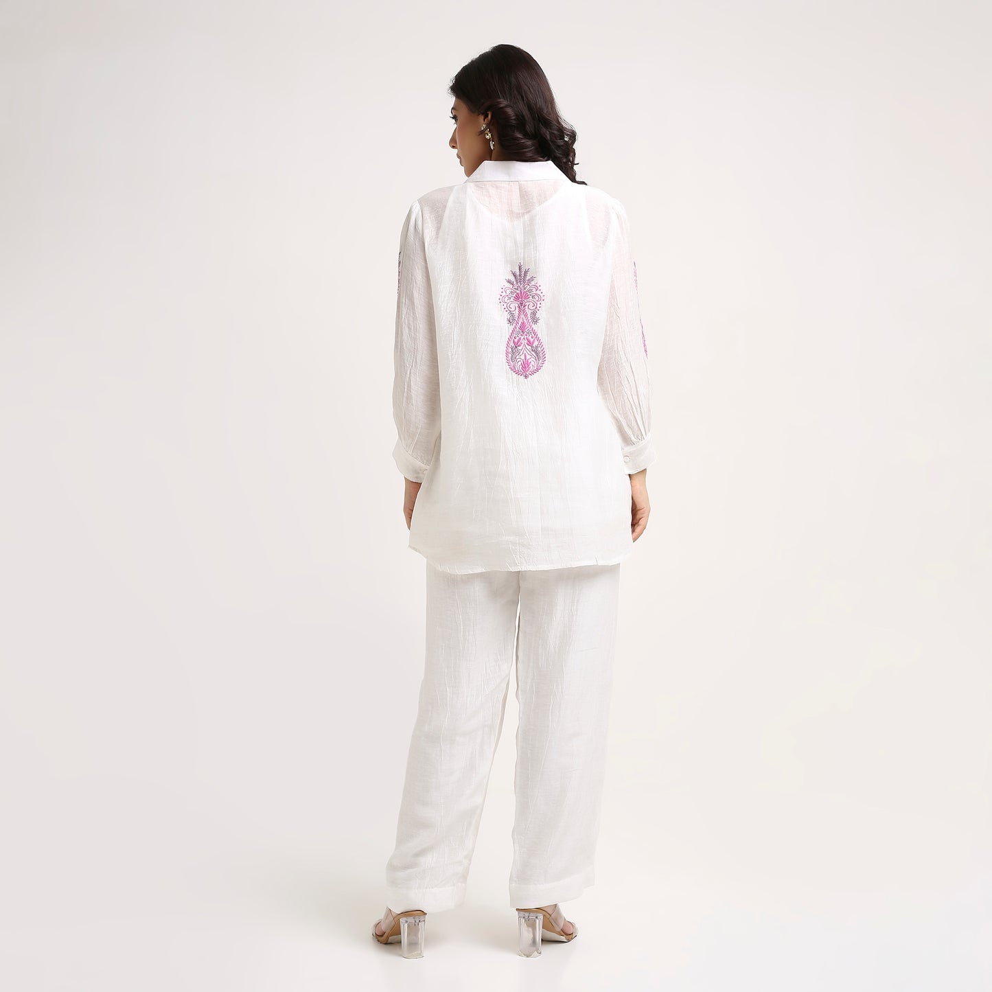 Chikankari Co ord in White Pure Chanderi Linen Silk with Rose Pink n Dusty Mauve embroidery