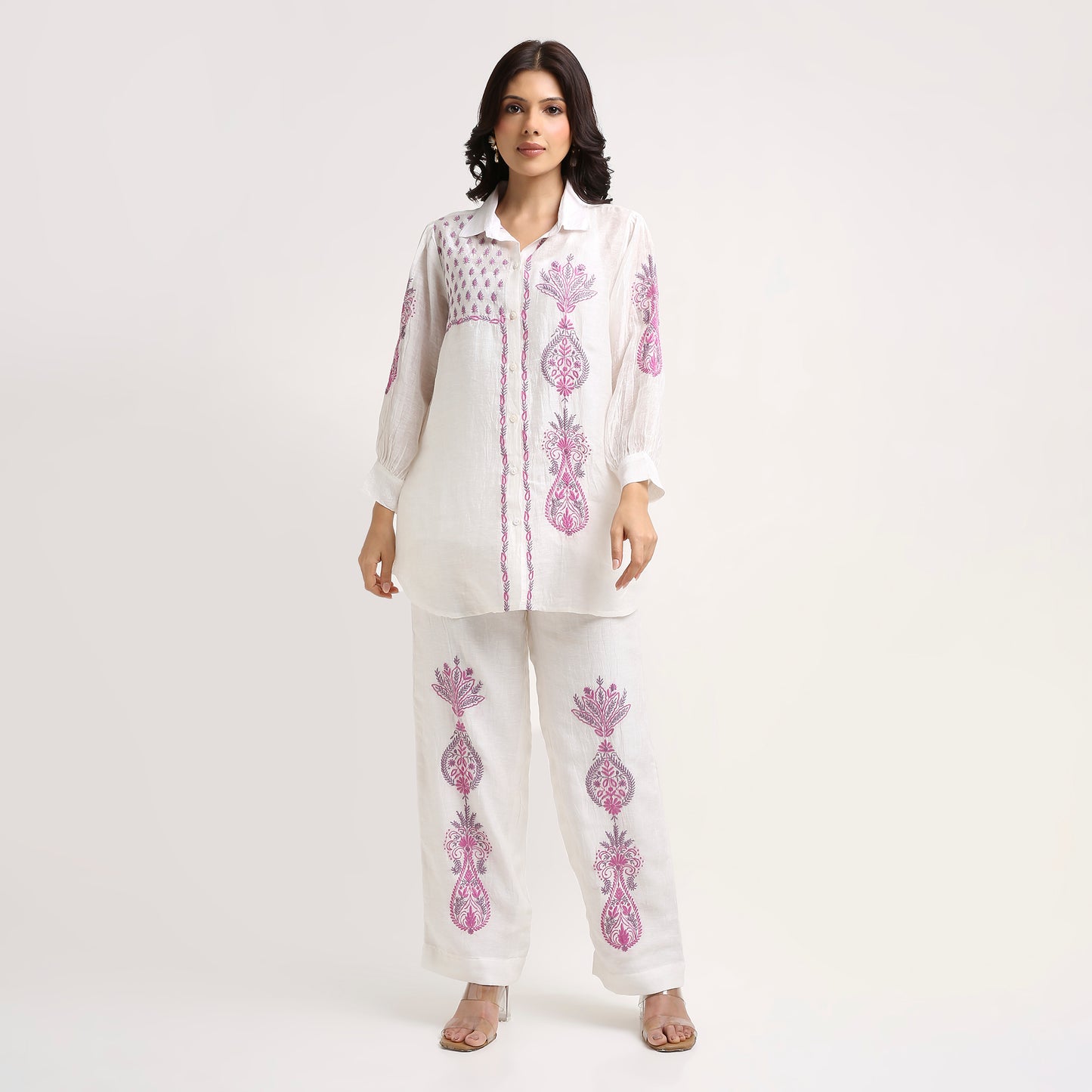 Chikankari Co ord in White Pure Chanderi Linen Silk with Rose Pink n Dusty Mauve embroidery