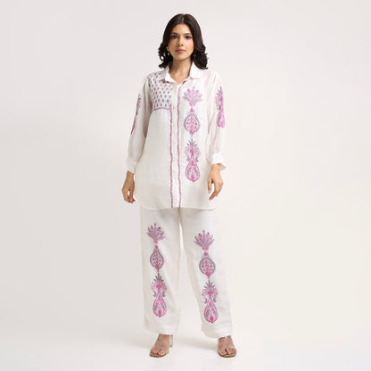 Chikankari Co ord in White Pure Chanderi Linen Silk with Rose Pink n Dusty Mauve embroidery